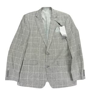 Bar III Mens Slim Fit 100% Linen Plaid Suit Jacket Gray 42L